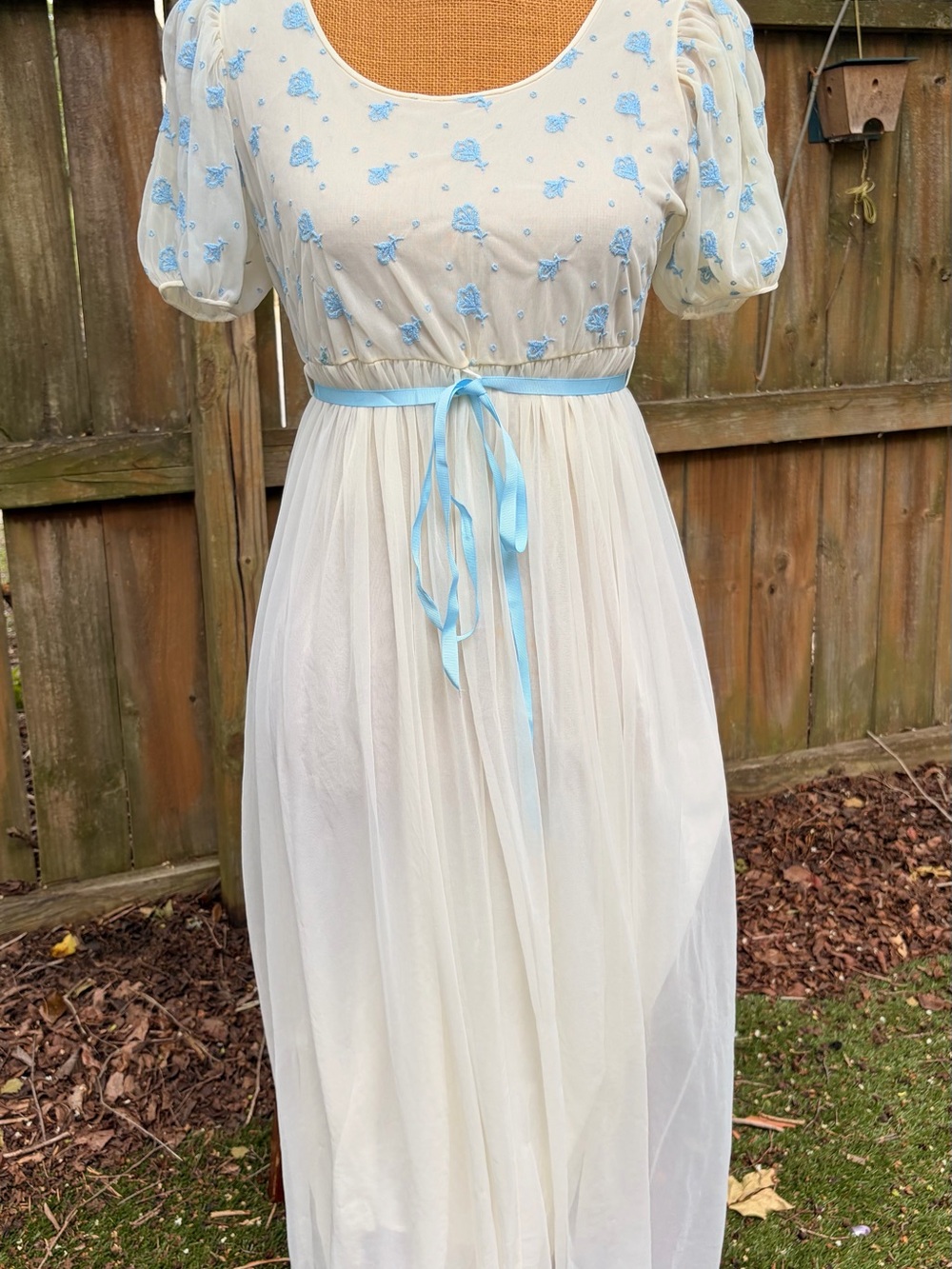 Vintage Ivory and Light Blue Embroidered Maxi Dress